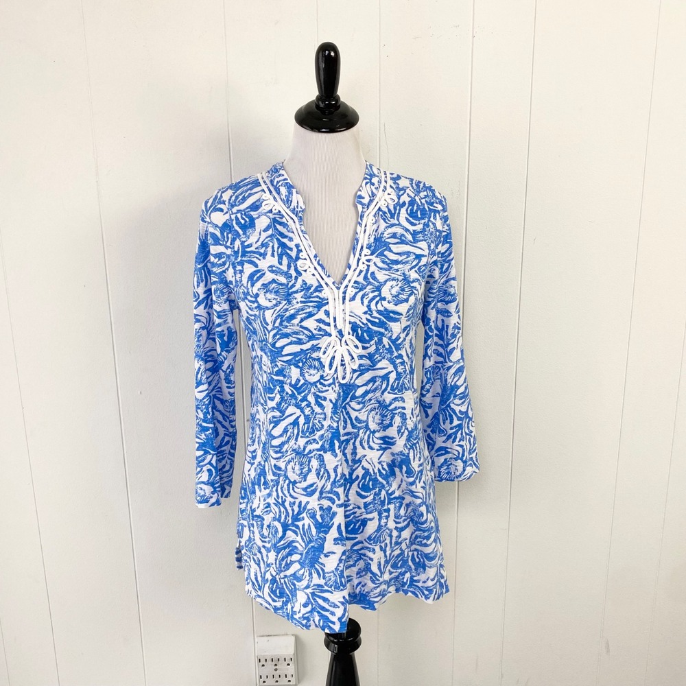Lilly Pulitzer Kaia Lobster on a Roll Blue White Trim Tunic Top Size Small